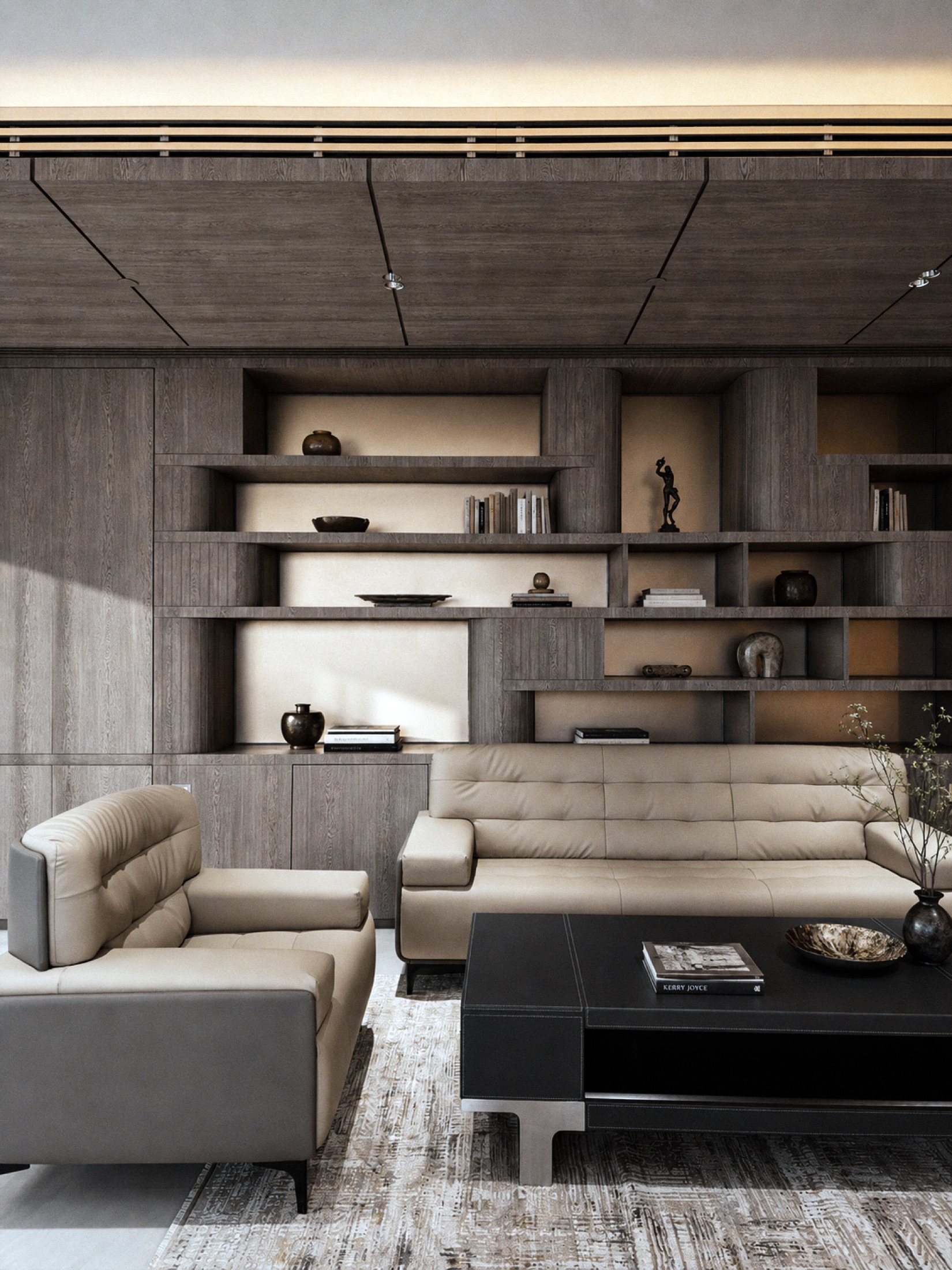 Director's lounge with wooden display shelving and leather seating
